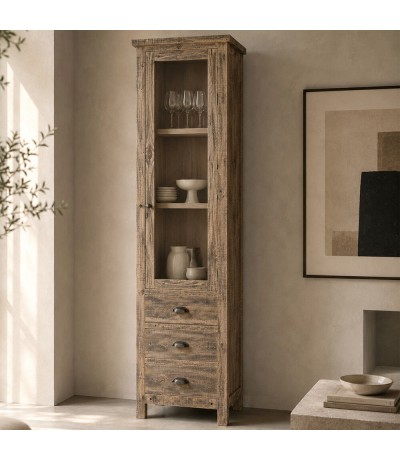 Vitrina estrecha de madera maciza pino 3 cajones estilo rústico Mdmhogar