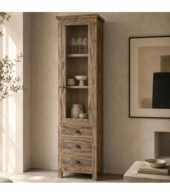 Vitrina estrecha de madera maciza pino 3 cajones estilo rústico Mdmhogar