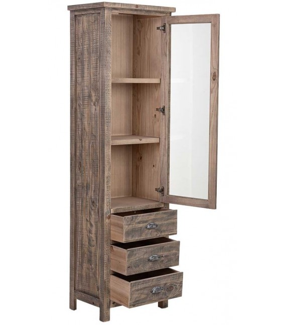 Vitrina estrecha de madera maciza pino 3 cajones estilo rústico 2
