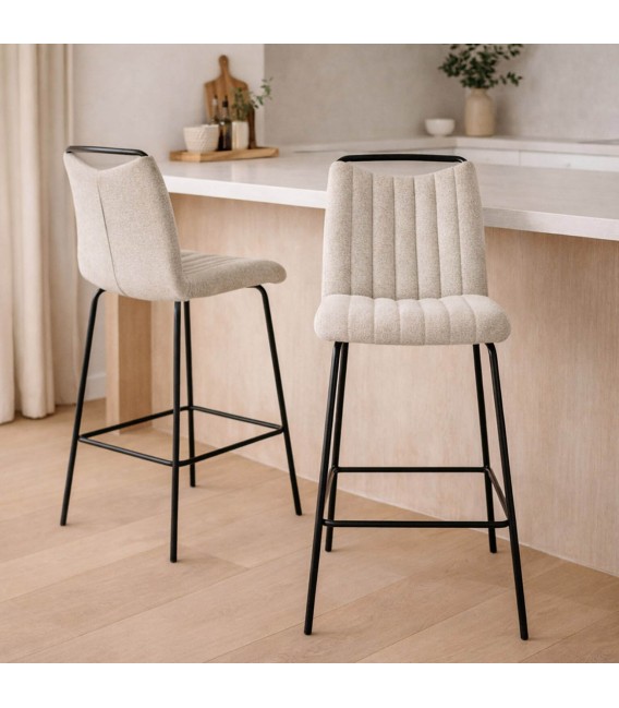 Set de 2 taburetes chenilla beige con estructura metal negro Mdmhogar