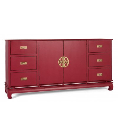 Aparador oriental madera lacada en rojo 6 cajones y puertas centrales