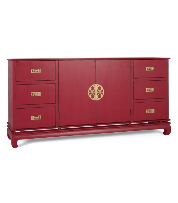 Aparador oriental madera lacada en rojo 6 cajones y puertas centrales