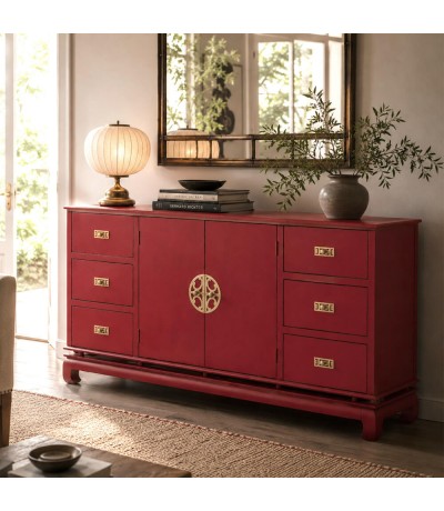 Aparador oriental madera lacada en rojo 6 cajones y puertas centrales Mdmhogar