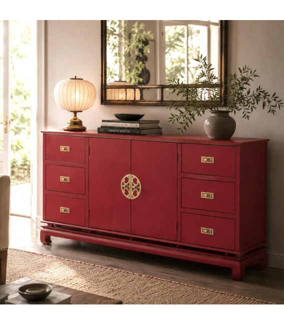 Aparador oriental madera lacada en rojo 6 cajones y puertas centrales Mdmhogar