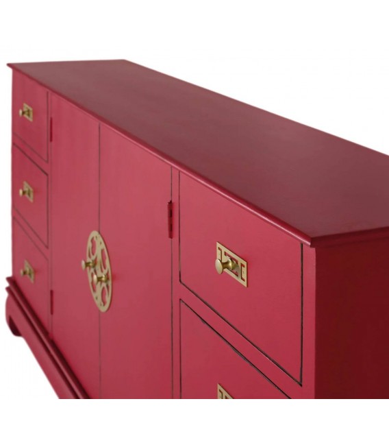 Aparador oriental madera lacada en rojo 6 cajones y puertas centrales 2