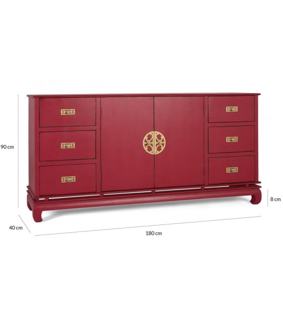 Aparador oriental madera lacada en rojo 6 cajones y puertas centrales 6