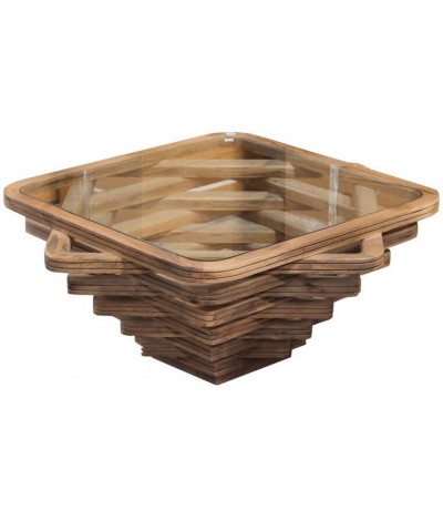 Mesa centro cuadrada madera maciza mango y cristal diseño escultórico