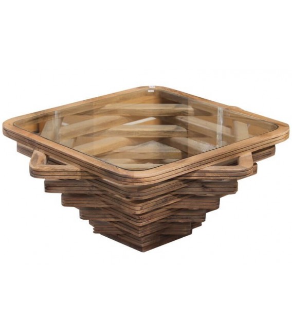 Mesa centro cuadrada madera maciza mango y cristal diseño escultórico