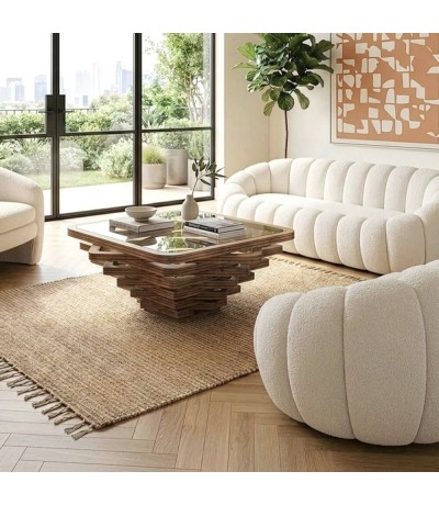 Mesa centro cuadrada madera maciza mango y cristal diseño escultórico Mdmhogar