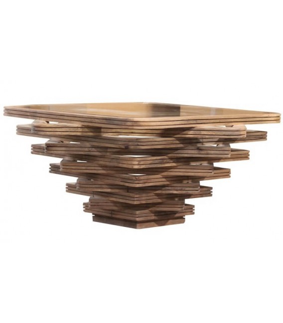 Mesa centro cuadrada madera maciza mango y cristal diseño escultórico 1