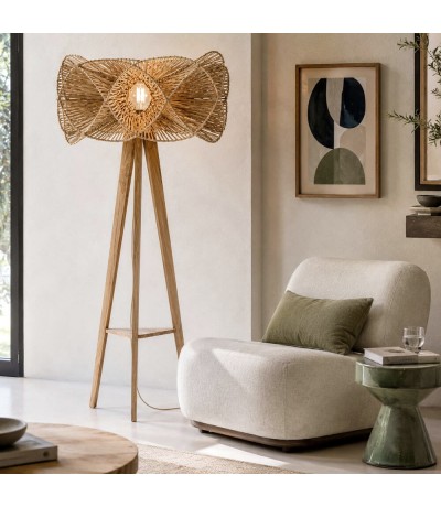 Lámpara pie madera maciza teca teca y ratán natural artesanal Mdmhogar