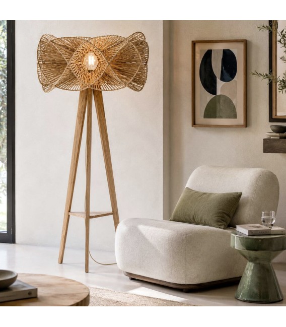 Lámpara pie madera maciza teca teca y ratán natural artesanal Mdmhogar