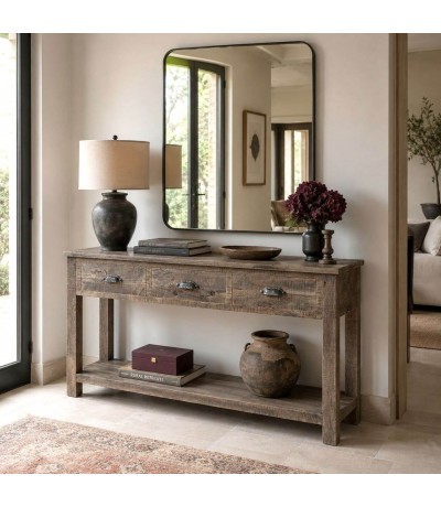 Consola madera de pino macizo con tres cajones estilo rustico Mdmhogar