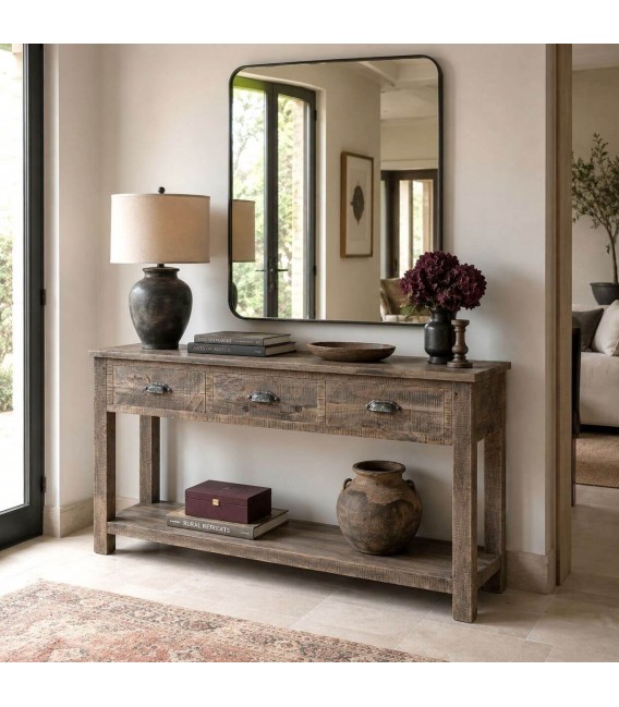 Consola madera de pino macizo con tres cajones estilo rustico Mdmhogar