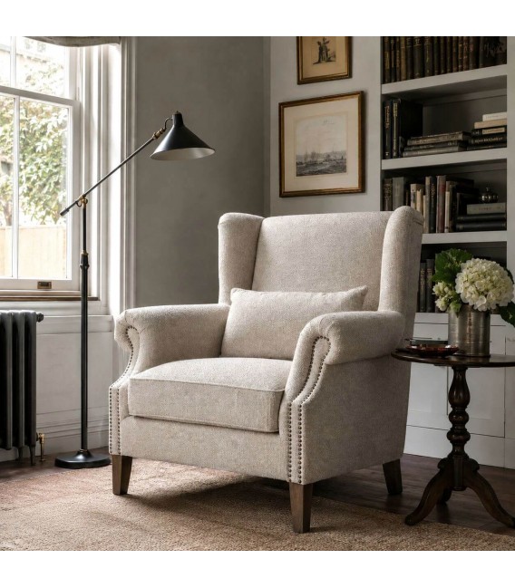 Sillón orejero grande tapizado en chenilla blanco roto clásico Mdmhogar
