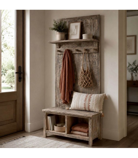 Mueble perchero con banco y almacenaje en pino macizo rústico Mdmhogar