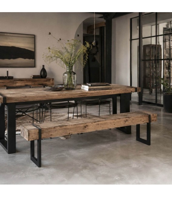 Banco industrial madera abeto y hierro negro natural Mdmhogar