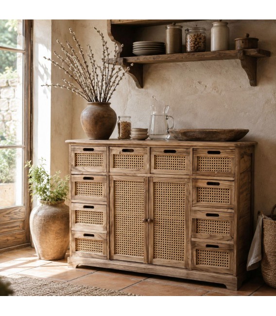 Aparador con 2 puertas y 10 cajones madera caña natural boho Mdmhogar