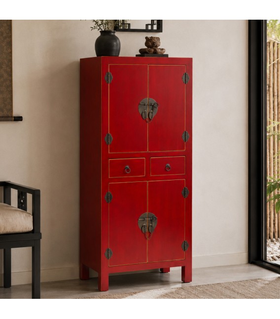Armario bajo de 4 puertas y 2 cajones lacado rojo estilo oriental Mdmhogar