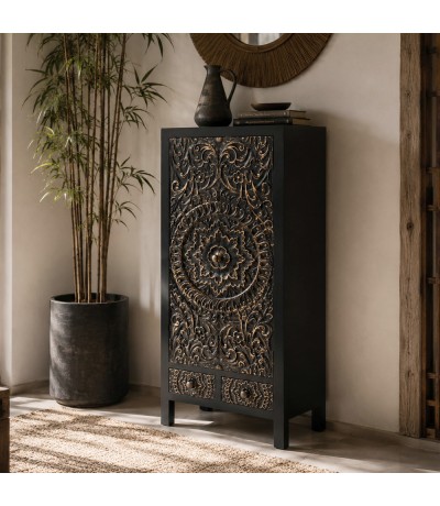 Armario alacena oriental negro y oro con talla artesanal y cajones Mdmhogar