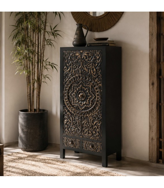 Armario alacena oriental negro y oro con talla artesanal y cajones Mdmhogar