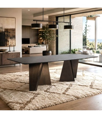 Mesa de comedor grande acero y porcelánico oro y negro, art decó Mdmhogar