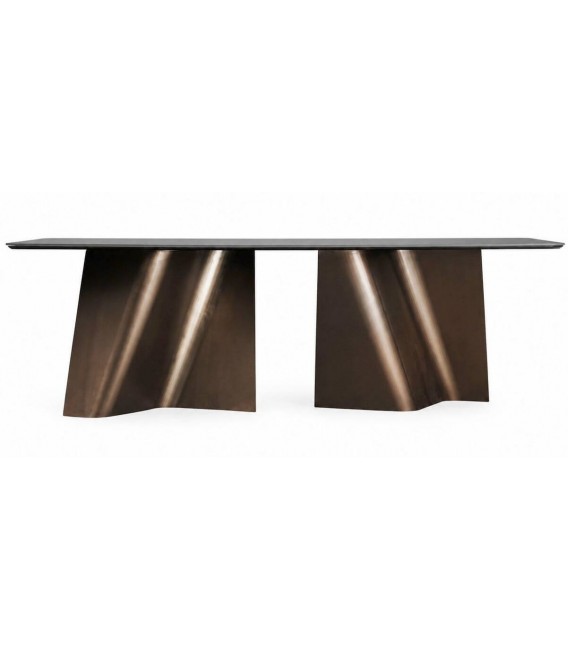 Mesa de comedor grande acero y porcelánico oro y negro, art decó 1