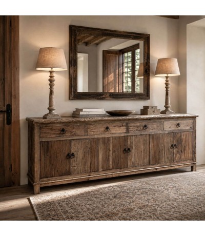 Aparador XL madera olmo natural con herrajes hierro negro Mdmhogar