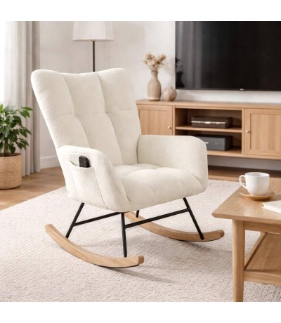 Sillón mecedora de lactancia bouclé blanco, estilo nórdico Mdmhogar