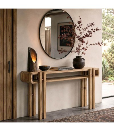 Consola de entrada XL japandi en madera natural metal cobre Mdmhogar