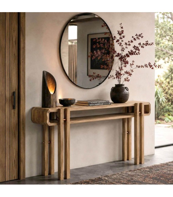 Consola de entrada XL japandi en madera natural metal cobre Mdmhogar
