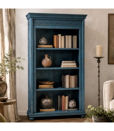 Estantería de madera maciza de mango tallada color azul étnico Mdmhogar