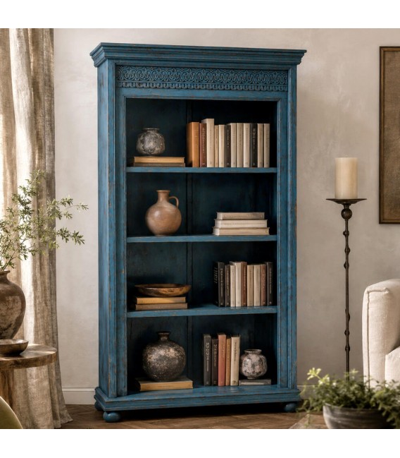 Estantería de madera maciza de mango tallada color azul étnico Mdmhogar
