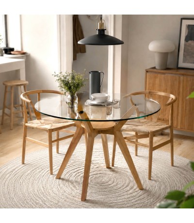 Mesa de comedor redonda pequeña de haya y cristal estilo nórdico Mdmhogar