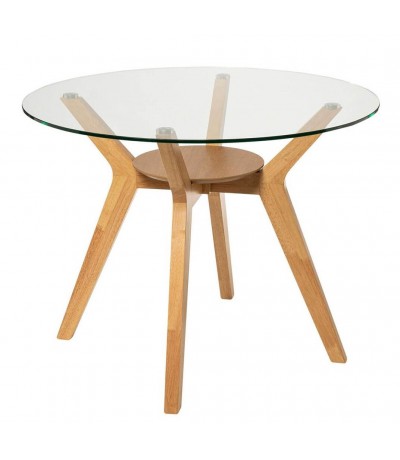 Mesa de comedor redonda pequeña de haya y cristal estilo nórdico
