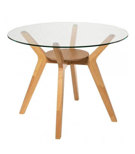 Mesa de comedor redonda pequeña de haya y cristal estilo nórdico