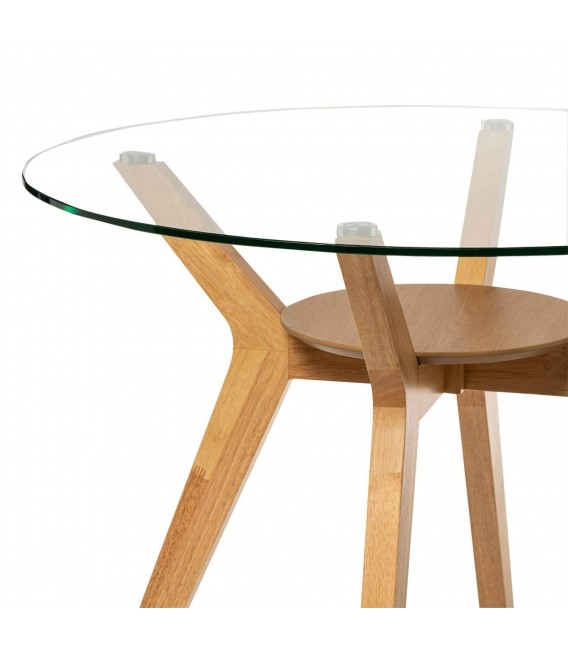 Mesa de comedor redonda pequeña de haya y cristal estilo nórdico3