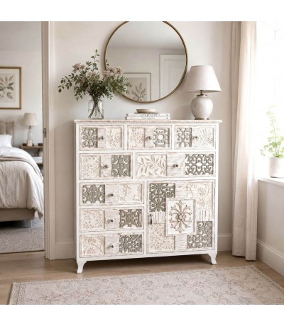 Cómoda de madera de abeto con acabado blanco rozado romántico Mdmhogar