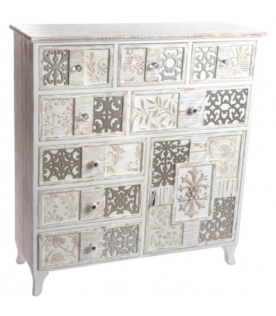 Cómoda de madera de abeto con acabado blanco rozado romántico