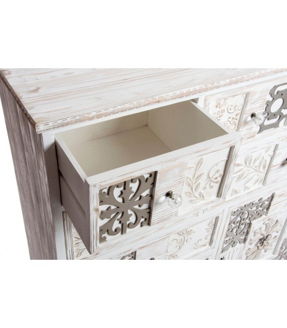 Cómoda de madera de abeto con acabado blanco rozado romántico 2