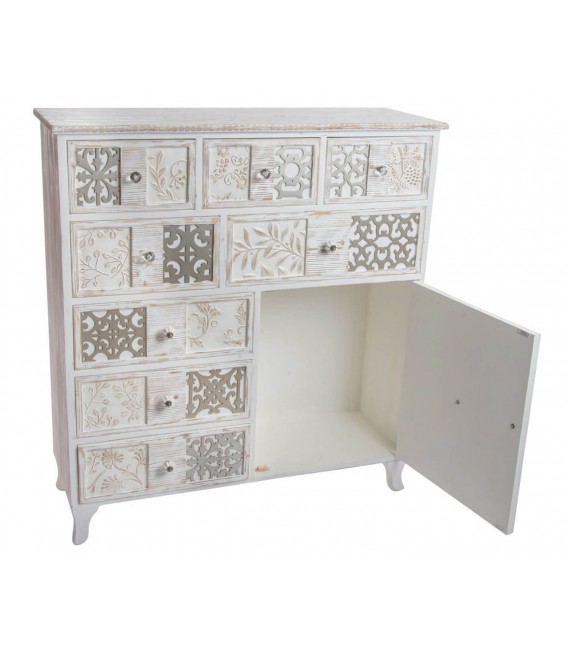 Cómoda de madera de abeto con acabado blanco rozado romántico 1