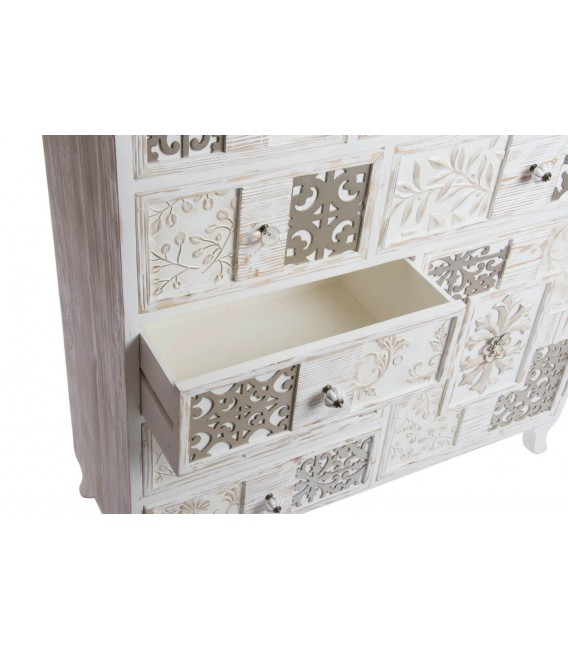 Cómoda de madera de abeto con acabado blanco rozado romántico 5