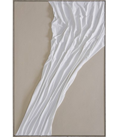 Cuadro abstracto XXL sobre lienzo beige con relieve textil blanco 1
