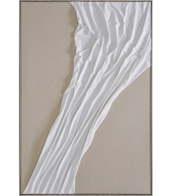 Cuadro abstracto XXL sobre lienzo beige con relieve textil blanco 1