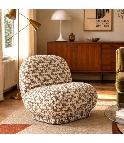 Butaca chenilla estampado geométrico marrón y blanco estilo chic Mdmhogar