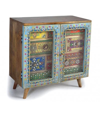Cómoda étnica de madera de mango pintada a mano artesanal