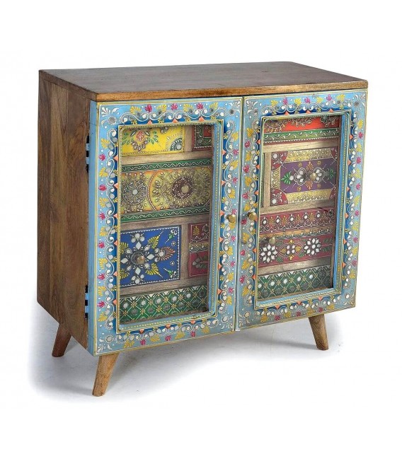 Cómoda étnica de madera de mango pintada a mano artesanal