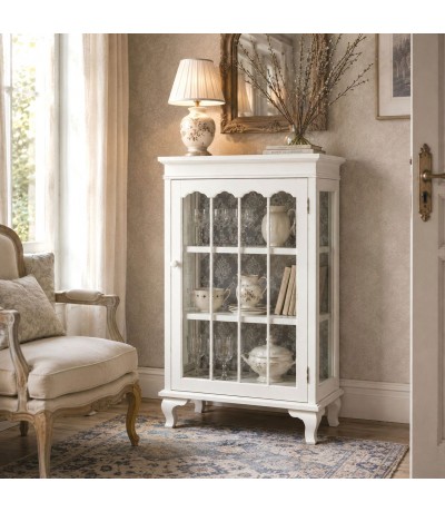 Vitrina de madera y cristal con acabado blanco rozado romántico Mdmhogar