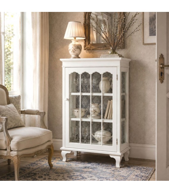 Vitrina de madera y cristal con acabado blanco rozado romántico Mdmhogar