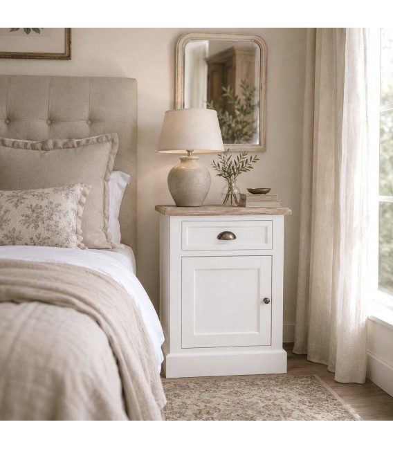 Mesita de noche blanca con puerta y cajón estilo rústico Mdmhogar